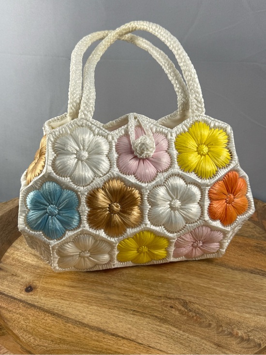 The Unbranded Brand Handbags - Vintage Raffia Flower Handbag Pastel Floral Straw Purse Cottagecore